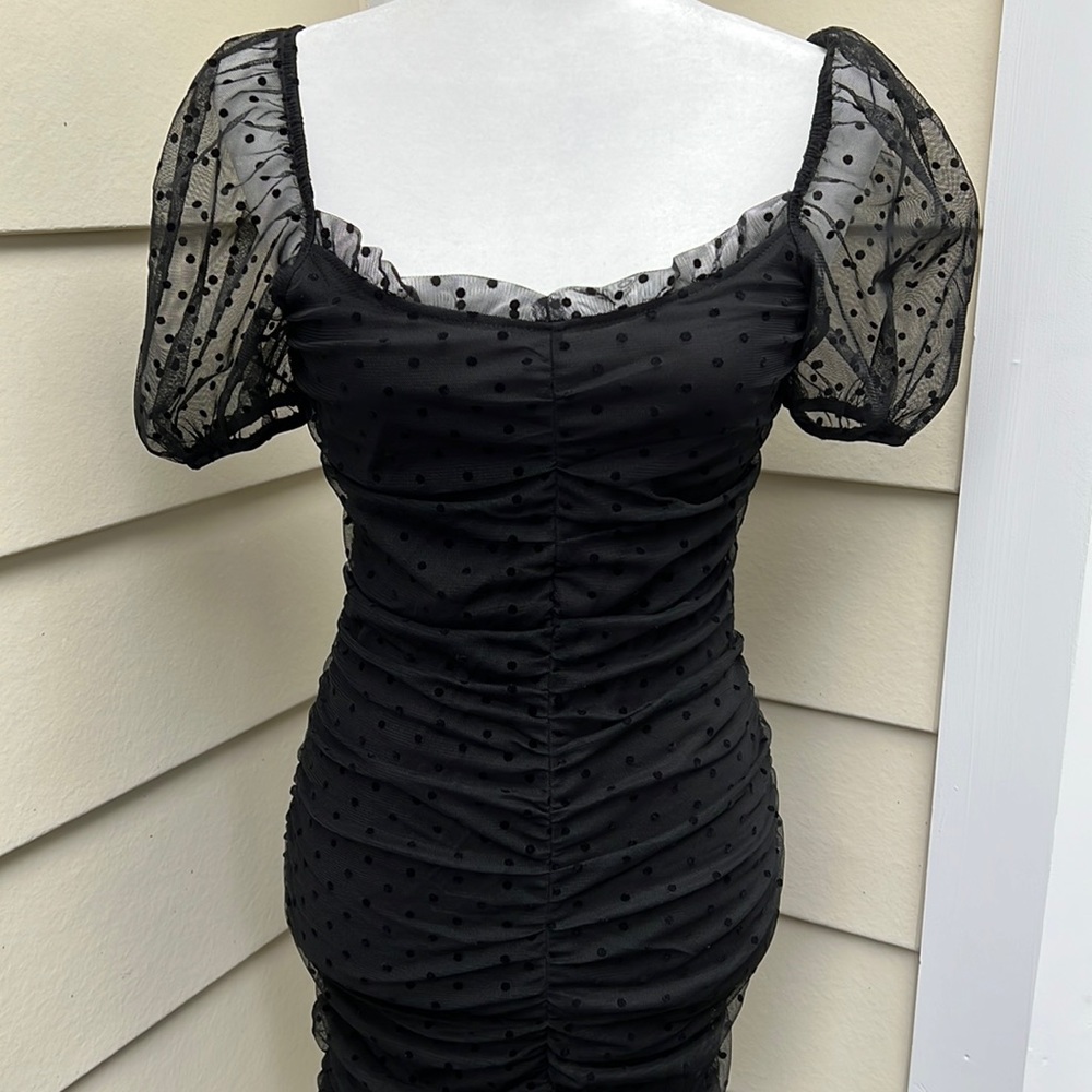 H & M Divided Shirred Polka Dot Black Minidress NWOT
